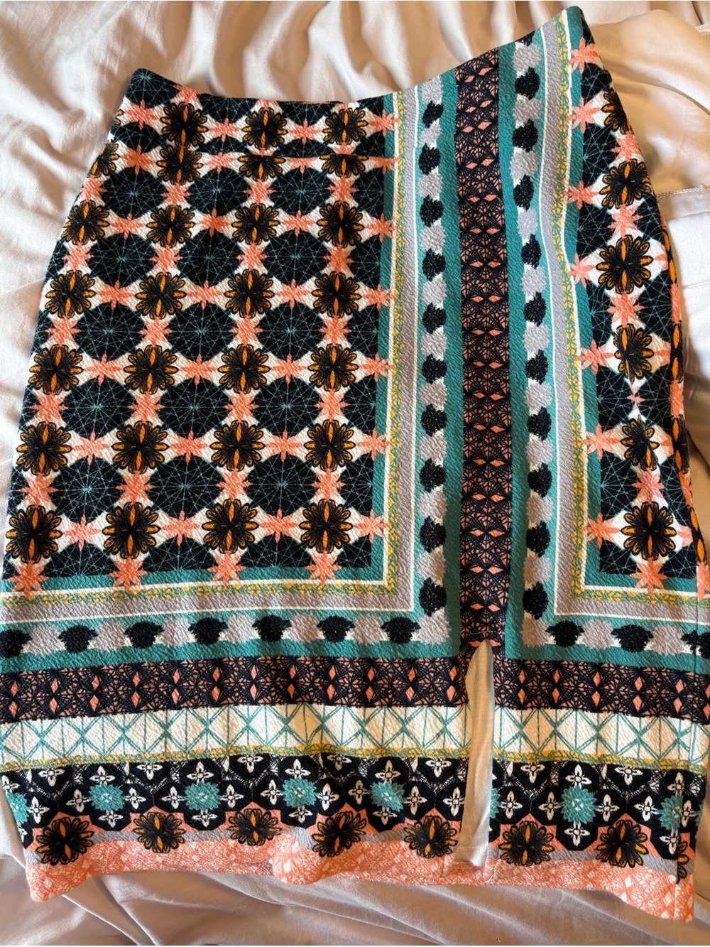 Maeve, by Anthropologie Teal, Coral & Black Patterned Skirt